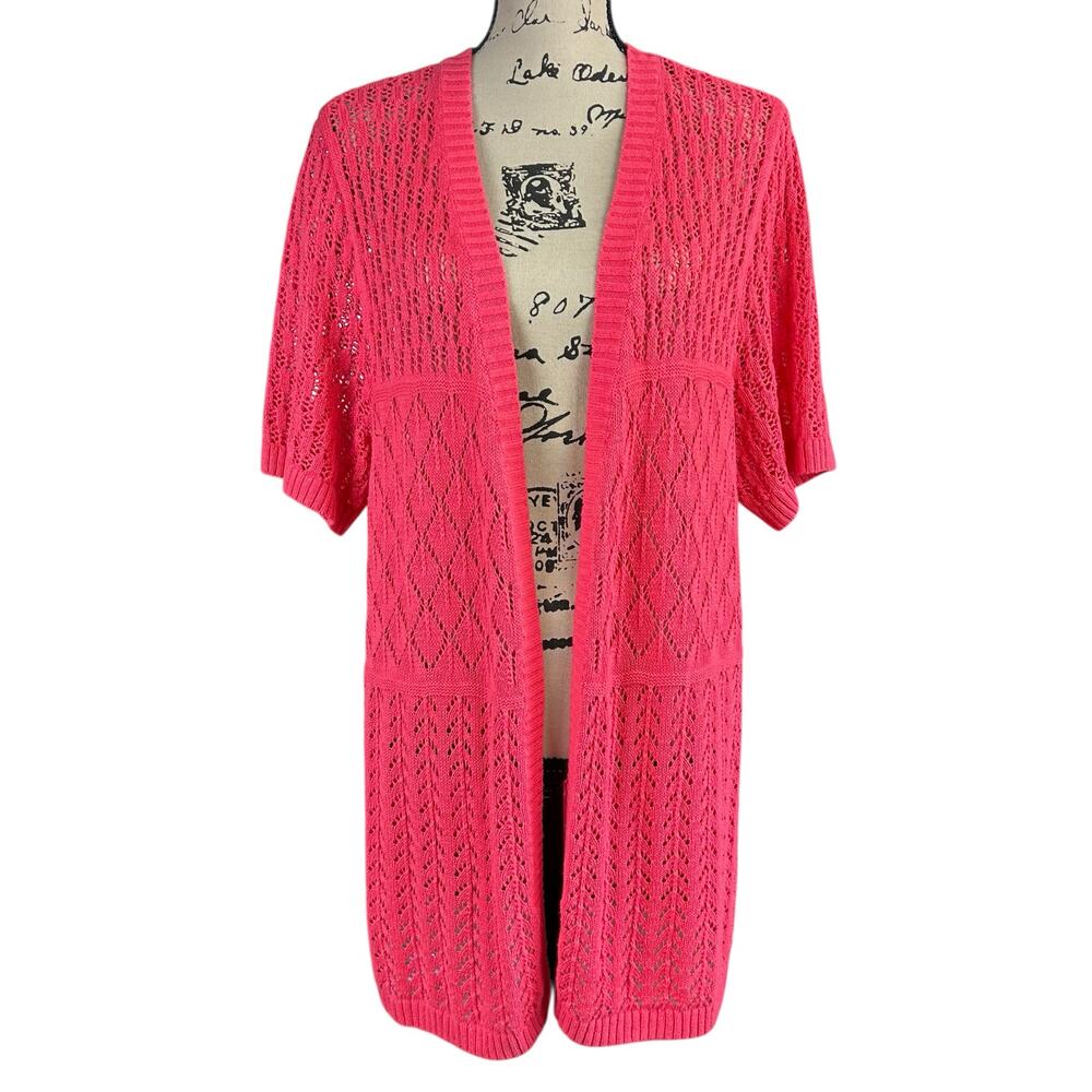 CJ Banks Open Knit Cardigan Women Size 1X Coral Crochet Boho Coastal Chic Top